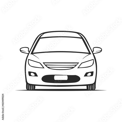 Modern Car Front View Black and White Line Art Isolated Graphic Vehicle Automobile Sedan Transport Outline