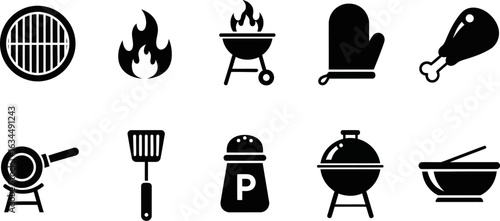 Barbecue grill tools summer cooking food vector icon set