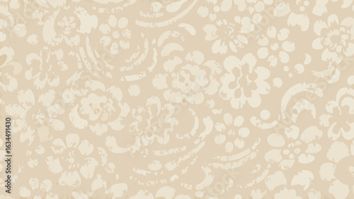 Floral pattern in beige tones with repeating flower and leaf motifs forming a seamless background design