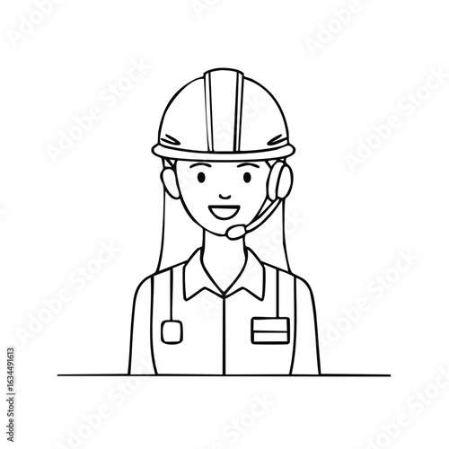 Line Drawing of Professional Support Woman Wearing Hard Hat and Headset at Desk