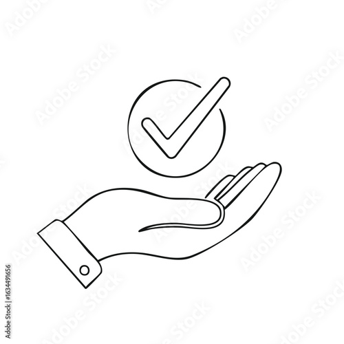 Line art of human hand holding a checkmark icon symbol for approval or selection