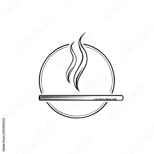 Burning Incense Stick within a Circular Frame Emitting Smoke Line Art Icon