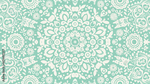 Floral pattern with white flowers and leaves on a light green background in a symmetrical arrangement