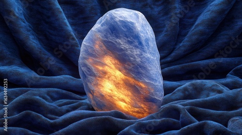 Oval, luminous stone on dark fabric