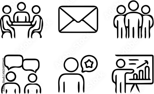 A curated collection of line art illustrations focused on startup culture, business collaboration, office teamwork, and digital workflow scenes. Editable EPS format, perfect for use in infographics, w