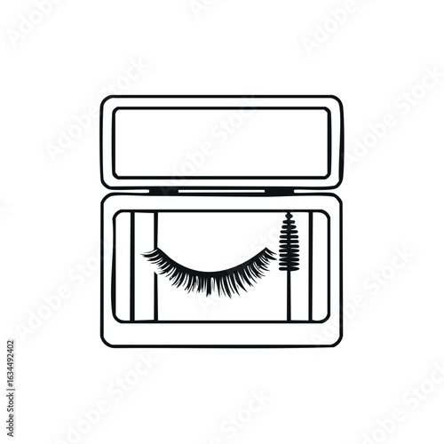 False eyelashes and a mascara wand shown in a cosmetics container for enhanced beauty during personal grooming session