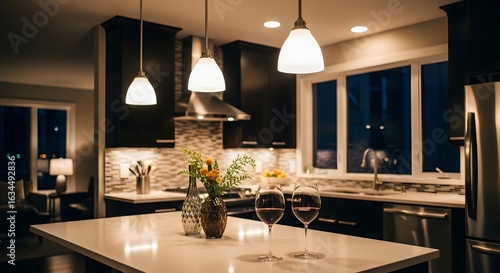 Evening Modern Kitchen with Wine Glasses and Soft Pendant Lighting