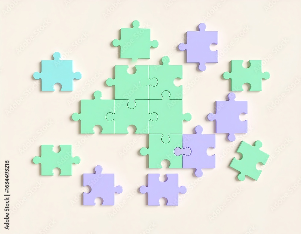 Colorful puzzle pieces, some connected, some scattered, on a light background. Represents problem solving, teamwork, unity, and finding solutions. Colorful puzzle pieces, some connected, some scattered, on a light background. Represents problem solving, teamwork, unity, and finding solutions.