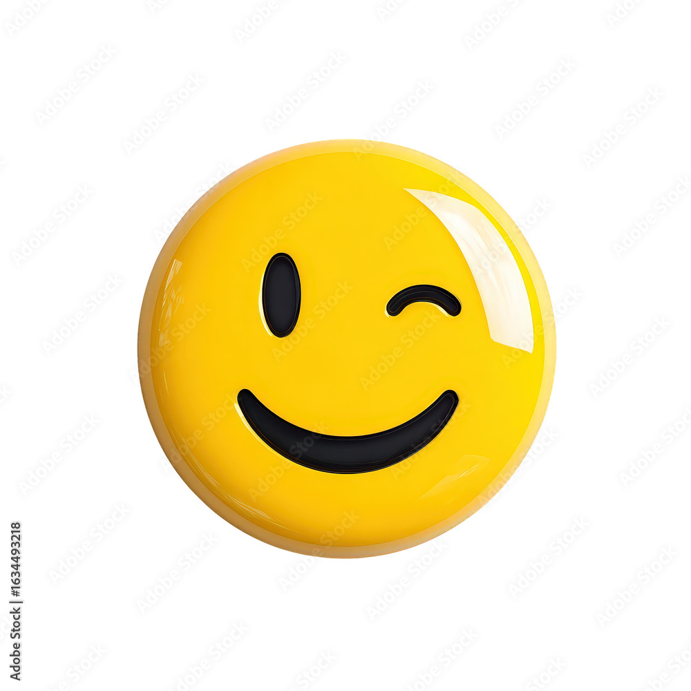 Fototapeta premium Bright Yellow Winking Smiley Face Emoji with Black Features on Transparent Background