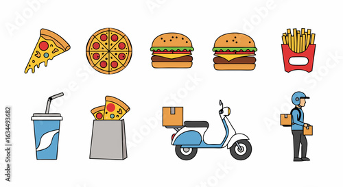 Vector Illustration of Food Delivery Service with Pizza, Burgers, and Delivery Scooter Design concept for convenient and fast meal delivery services