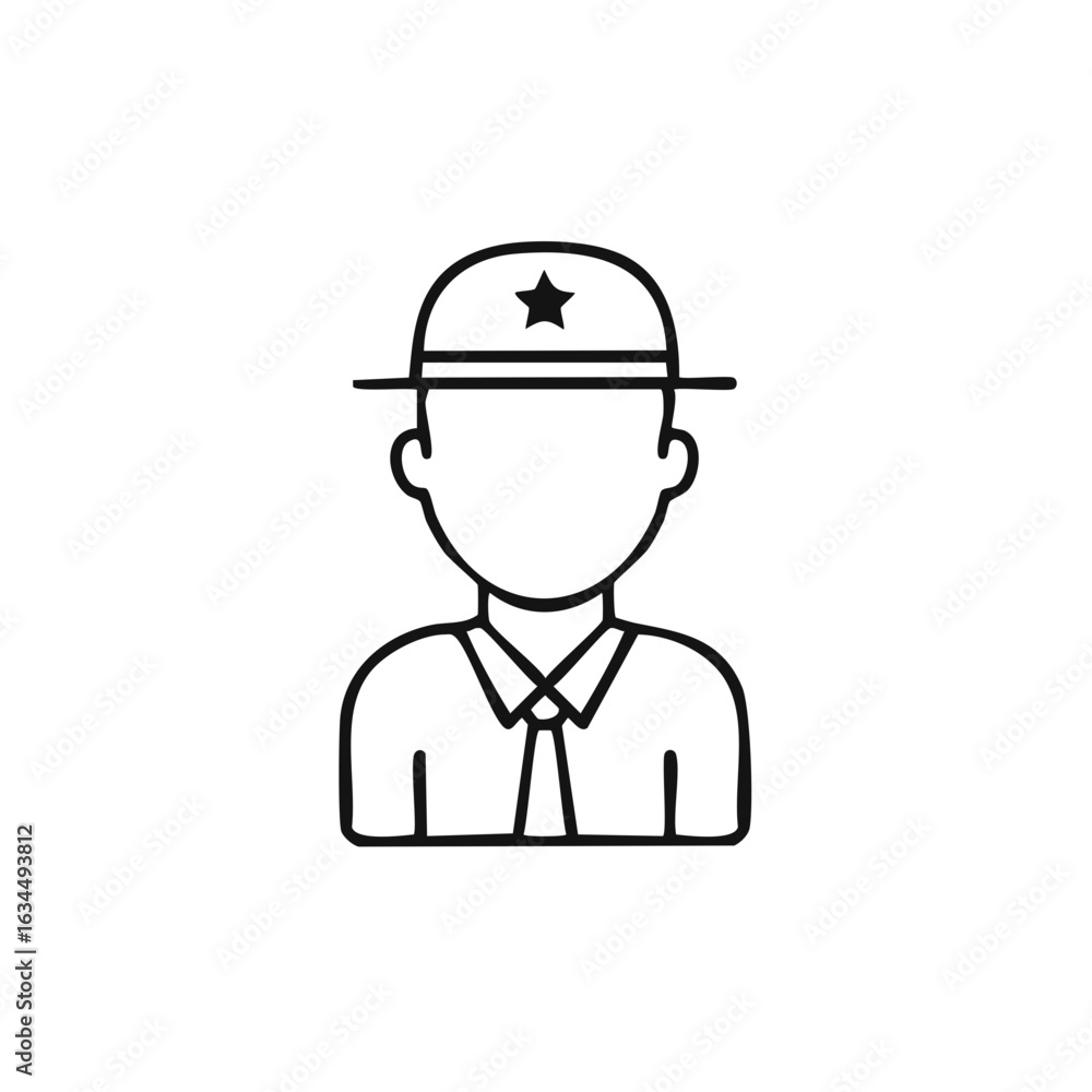 Ranger icon wearing uniform hat with star emblem in minimalist line art, simple graphic representation Ranger icon wearing uniform hat with star emblem in minimalist line art, simple graphic representation