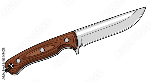 Detailed illustration of a camping knife with a wooden handle and a shiny silver blade depicting outdoor preparedness and survival gear