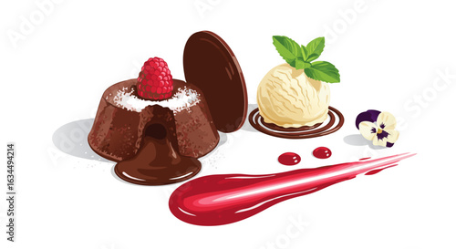 Indulgent Chocolate Fondant Illustration with Raspberry, Ice Cream, and Floral Accent