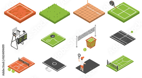 Tennis court and layout elements icon set flat vector isolated