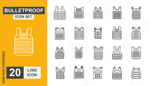 Bulletproof icon set. Safety, uniform, protection, shield, military and more line icon.