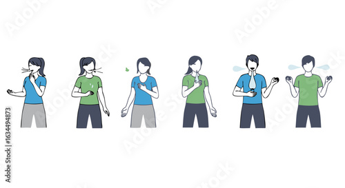 Illustrations depicting respiratory symptoms and medical devices for breathing difficulties display a visual guide for healthcare awareness