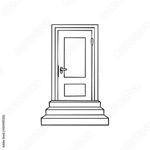 Exterior Doorway Line Art Illustration with Steps and a Handle, Architectural Design