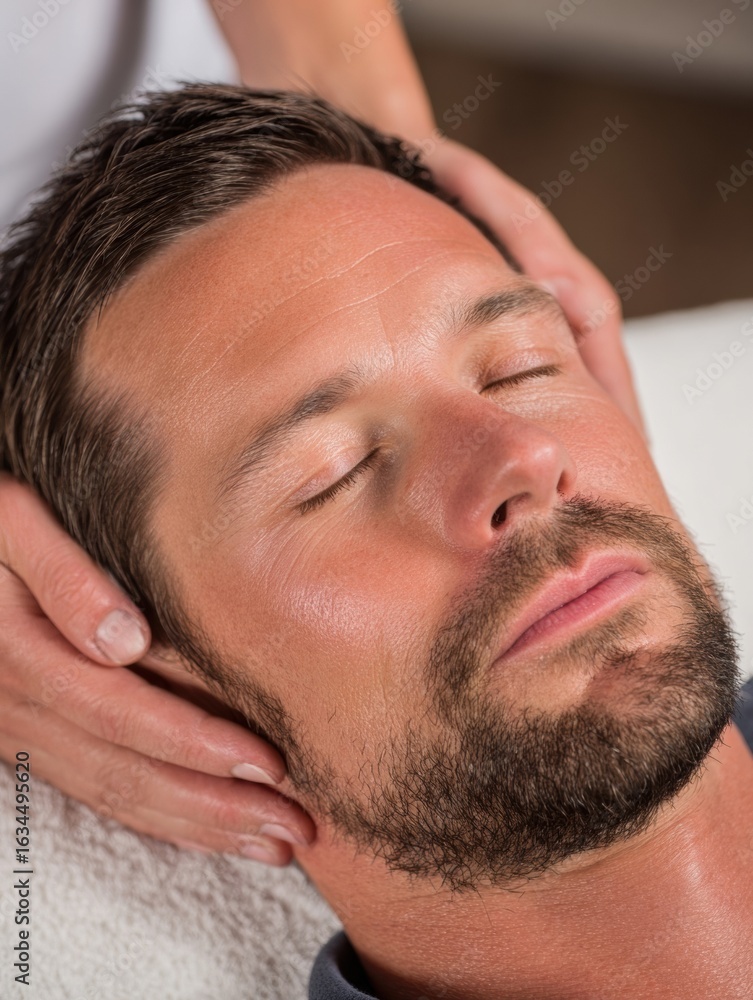 Obraz premium Relaxation Therapy Session for a Man Receiving a Soothing Head Massage in a Tranquil Spa Environment