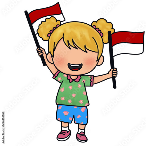 Cartoon Girl holding two indonesian flag