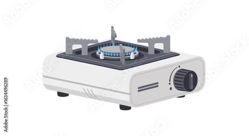 Portable Gas Stove Illustration with Blue Flame Isolated on White Backdrop Portraying Culinary Simplicity and Convenience