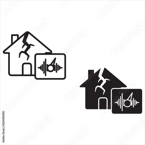 Damaged house symbol with seismic activity display