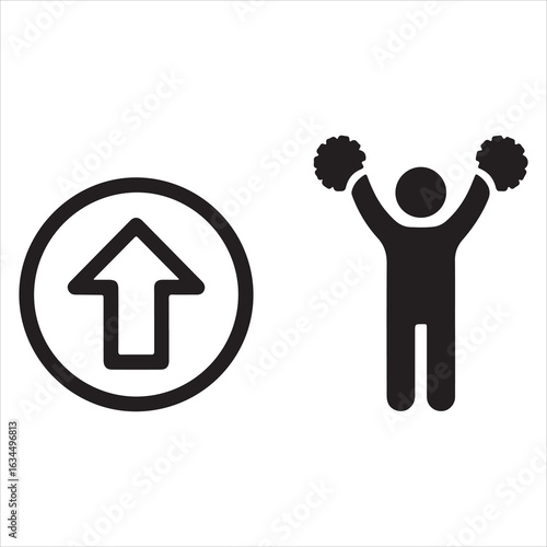 Upward arrow in circle next to cheering figure with pom poms