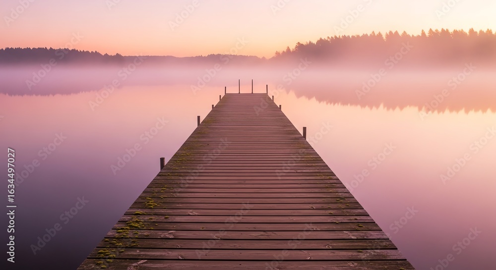 Obraz premium Wooden dock extends across calm lake at sunrise