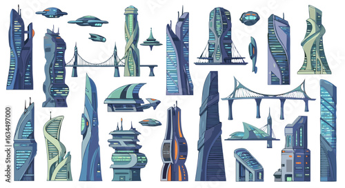 Futuristic Urban Landscape: A Collection of Advanced Architectural Designs and Transportation Concepts, Showcasing Cityscape Innovation