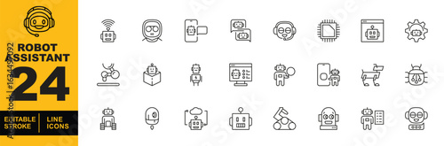 Robot Assistant set of web icons in line style. A collection of linear icons vector representing key Robot Assistant concepts, including a robot head with a headset, and a robot dog. Editable stroke 