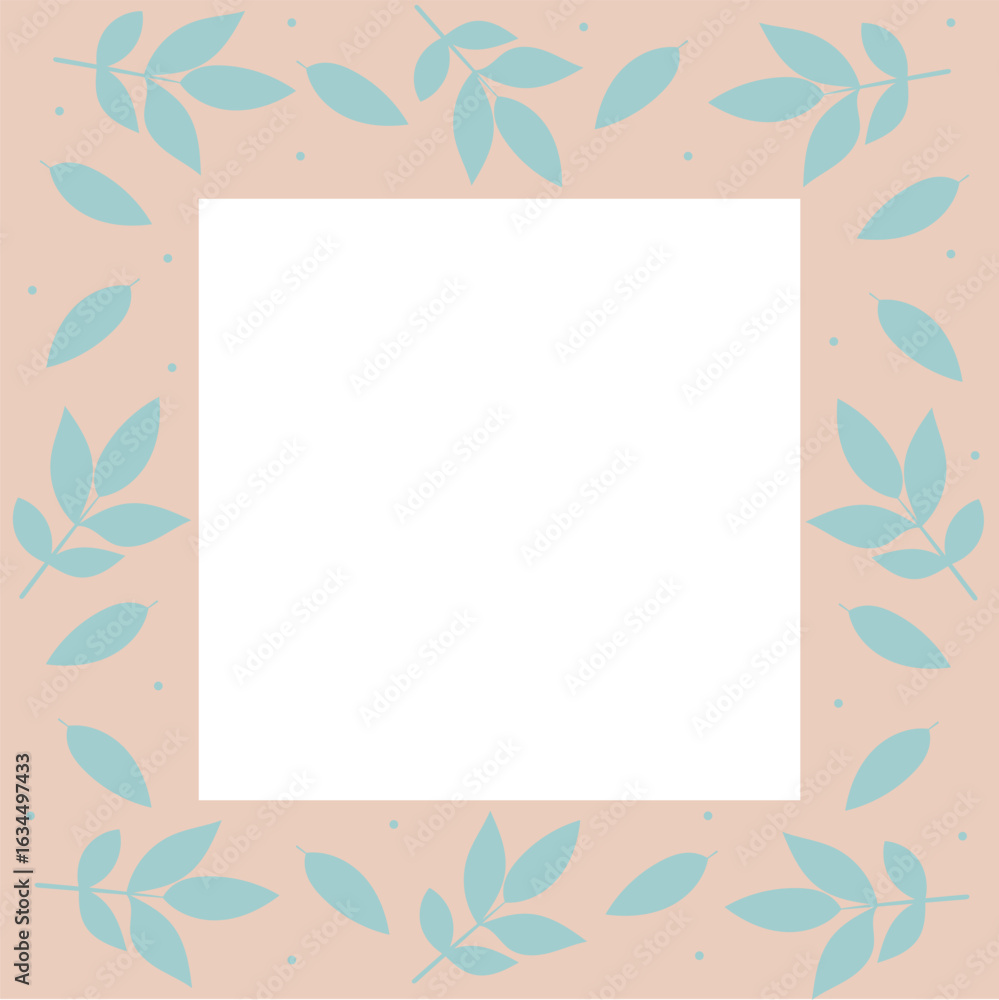 Obraz premium Floral leaf frame. Elegant botanical border with blue leaves on soft peach background. Flat minimalistic vector for invitation, greeting card, or seasonal design.