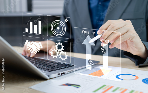 Cost and quality control concept. Businessman pointing virtual graph showing cost reduction and quality improvement for product optimization and customer satisfaction.