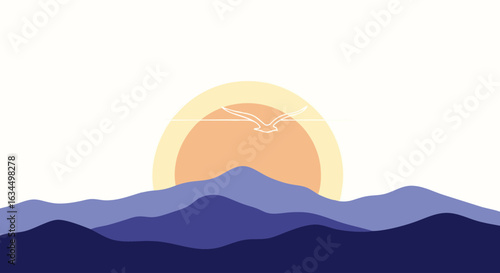 Tranquil sunrise over mountain range with solitary bird in flight delivering minimalist nature scene portraying serenity