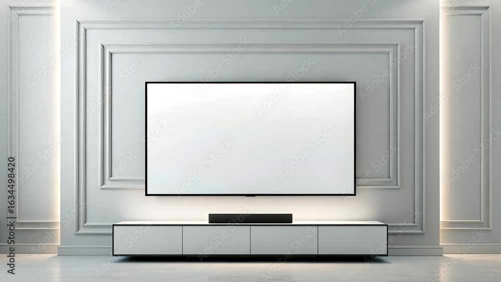 Fototapeta premium Modern tv screen mockup on white wall interior background