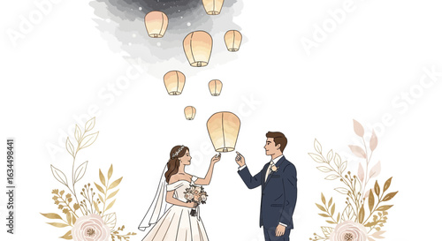 Elegant wedding illustration of a couple releasing sky lanterns amidst floral decorations
