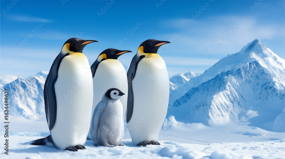 Naklejka premium Three adult emperor penguins and a fluffy chick standing on snow with icy mountains under a clear blue sky