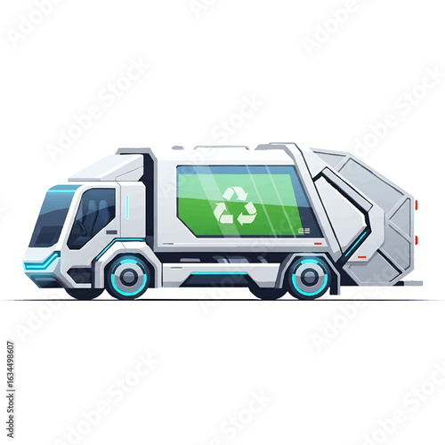 Side view of a sleek, futuristic garbage truck with a green recycling symbol on a white background.