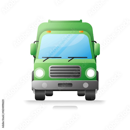 A front view of a bright green cartoon garbage truck with a clean, modern design, isolated on a white background.
