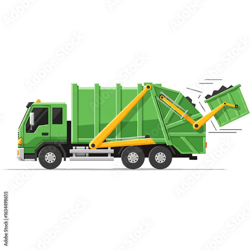 A green garbage truck emptying a full waste container, showing the disposal process.