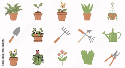 Collection of illustrated gardening equipment and potted plants in a simple, colorful style suitable for educational or decorative applications
