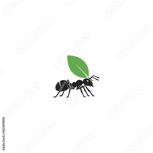 A stylized illustration of an ant carrying a green leaf, symbolizing effort and teamwork.