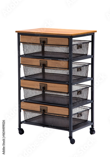 Tall metal storage cart with wooden top and mesh drawers