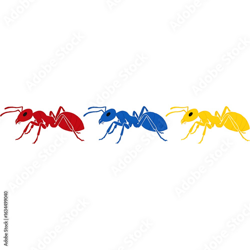 Three ants, colored red, blue, and yellow, are displayed in a row against a white background.