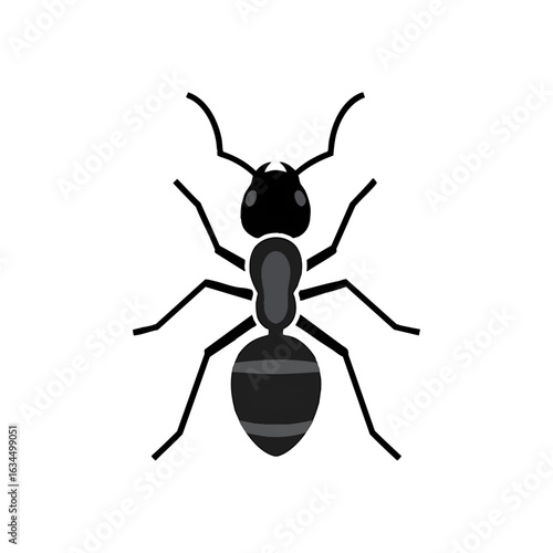 A simple, top-down illustration of a single black ant, showcasing its body structure.