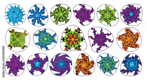 Kaleidoscopic organic fractal patterns in assorted shapes displaying symmetry and vibrant colors creating an attractive modern style graphic