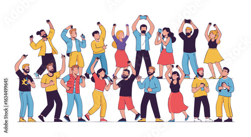 Diverse crowd of people celebrating with mobile phones, enjoying a concert, or cheering for a team triumph