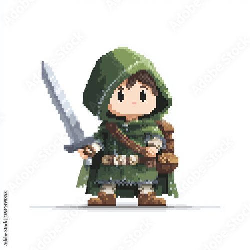 Pixel Art of a Cute Green Hooded Warrior with Sword - Vector Illustration