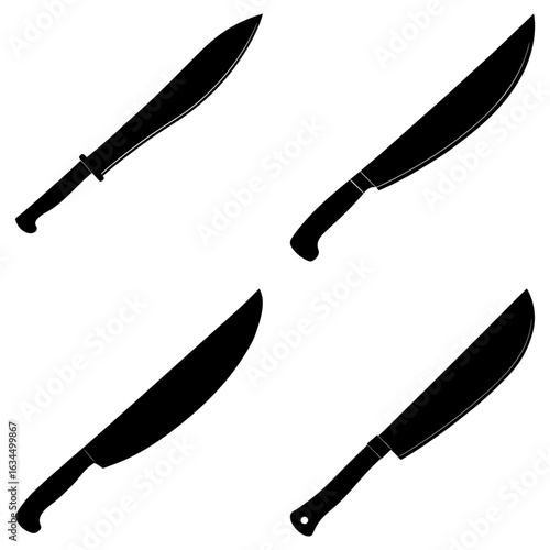 Four black silhouette images of machetes with different handle and blade designs on a white background