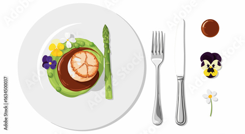 Elegant seafood dish with vibrant vegetable garnishes and dining utensils presented in artful vector graphics