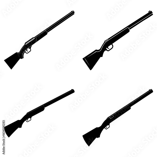 Four black silhouette images of shotguns with long barrels pointed diagonally on a white background