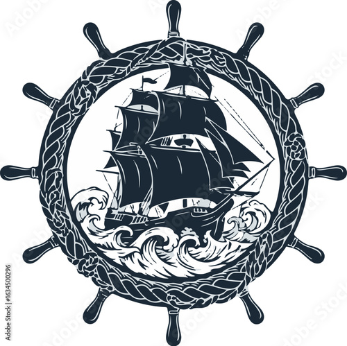Vector art of vintage sailing ship in stormy seas within a nautical wheel